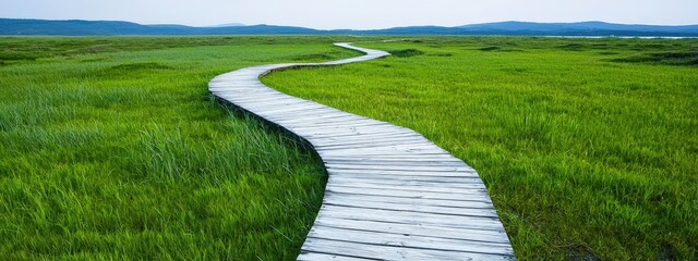 Wooden pathway winding through marsh