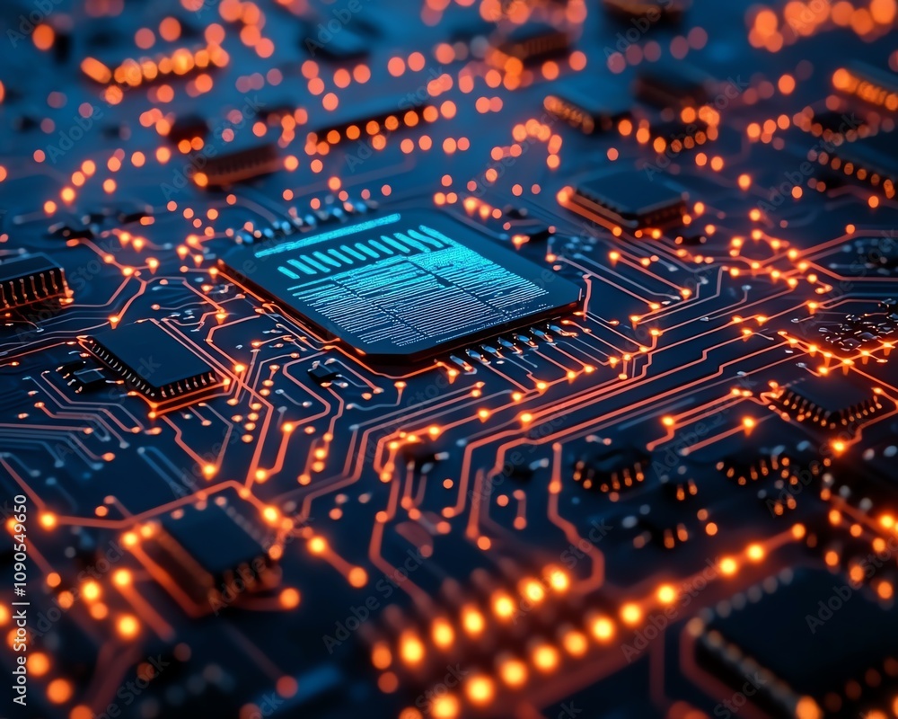 Poster a closeup view of a digital brain circuit board with an ai processor, with glowing connections and n