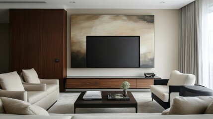 Modern Living Room with Minimalistic Design Featuring a Flat Screen Television and Neutral Color Palette in a Stylish Urban Apartment Setting