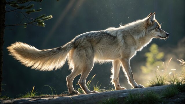 The costume includes a flowing tail that mimics a wolf with soft fur textures that shimmer under bright lights.
