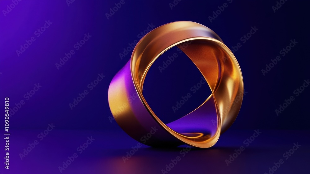 Poster abstract golden sculpture with smooth curves and vibrant colors on dark background, creating a uniqu