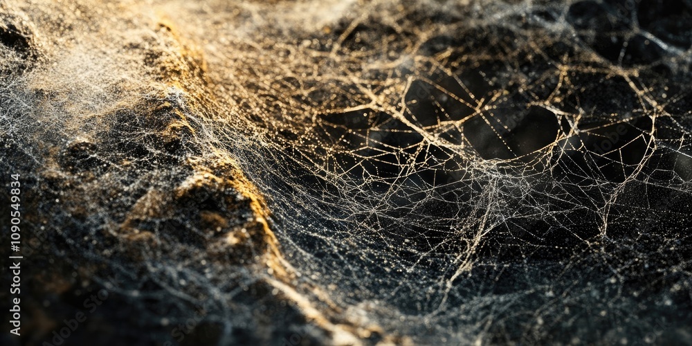 Poster closeup view of a large spider web showcasing accumulated dirt, revealing the intricate patterns and