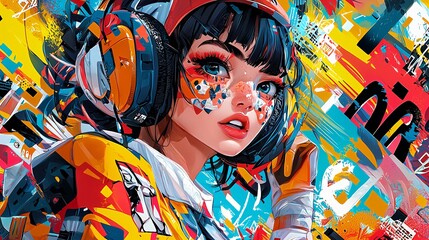 Obraz premium Vibrant Digital Art of a Stylish Young Woman with Headphones Against a Colorful Abstract Background, Capturing the Essence of Music and Modern Culture