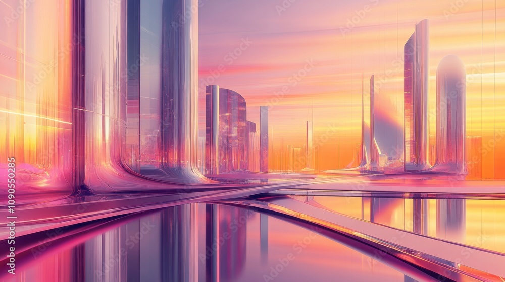 Poster futuristic cityscape at dusk with colorful reflections and sleek architecture showcasing modern desi