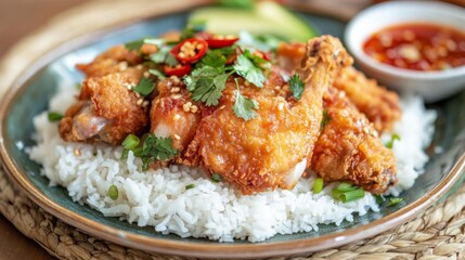 Fototapeta premium Crispy Fried Chicken Drumsticks Served on a Bed of Steamed Rice with Fresh Herbs and Sliced Chili, Accompanied by a Bowl of Special Sauce