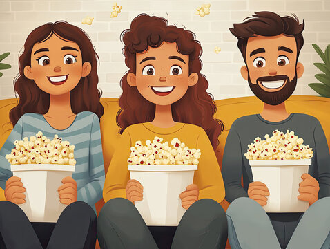 Happy Friends Watching Movie with Popcorn