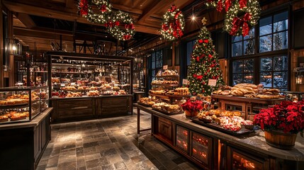 Fototapeta premium Cozy and Festive Bakery Display with Holiday Decorations Featuring Delicious Pastries, Bread, and Holiday Treats in a Warm Environment