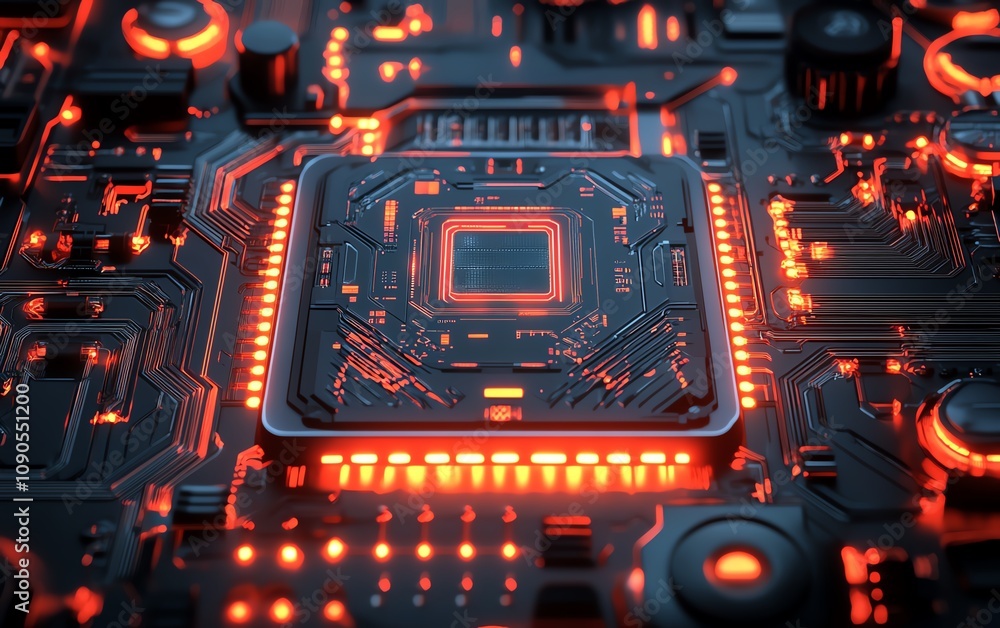 Poster a digital brain circuit board concept art, with intricate ai processor components, glowing lines and