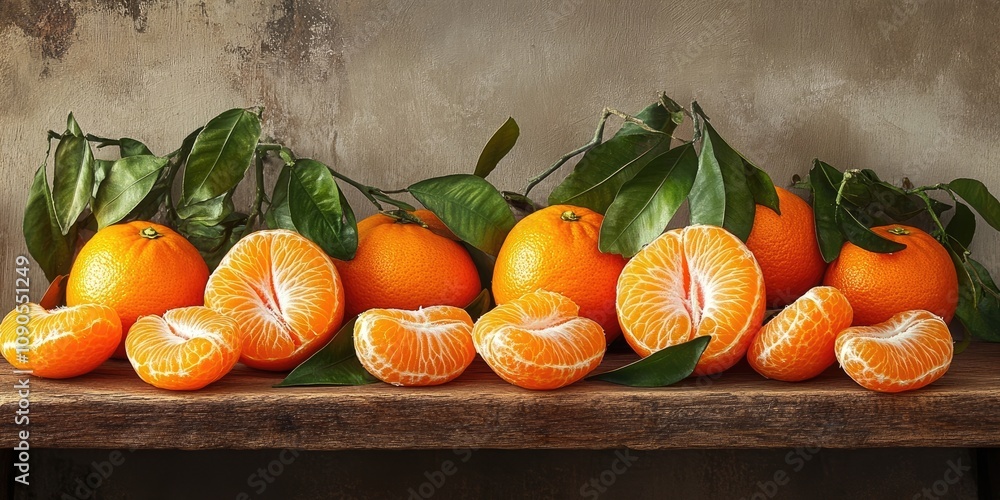 Poster fresh mandarin oranges displayed on a wooden table, highlighting the vibrant colors and appealing te