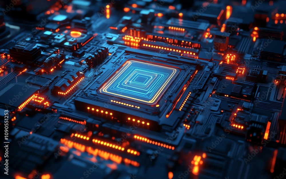 Poster a digital brain circuit board concept art, with intricate ai processor components, glowing lines and
