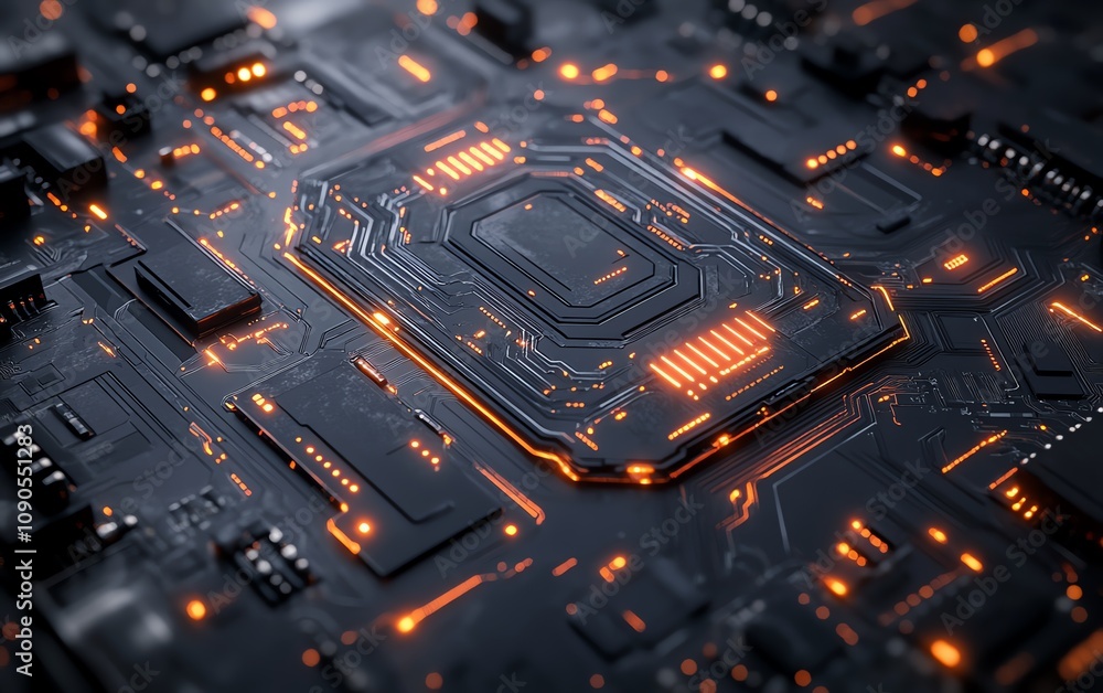 Poster a digital brain circuit board concept art, with intricate ai processor components, glowing lines and