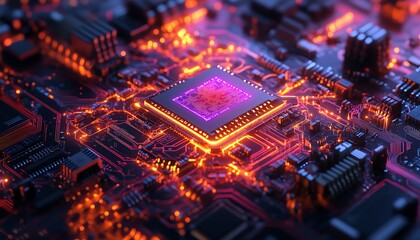 Obraz premium A digital brain circuit board with an AI processor glowing at the center