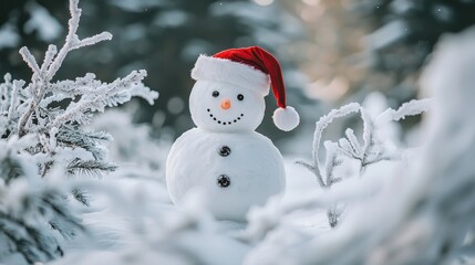 Obraz premium Winter Snowman with Santa Hat and Soft Background