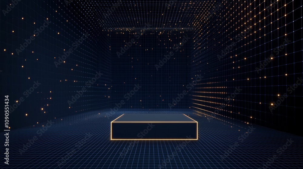 Poster elegant 3d podium in an empty space framed by a neon grid, suitable for showcasing products or prese