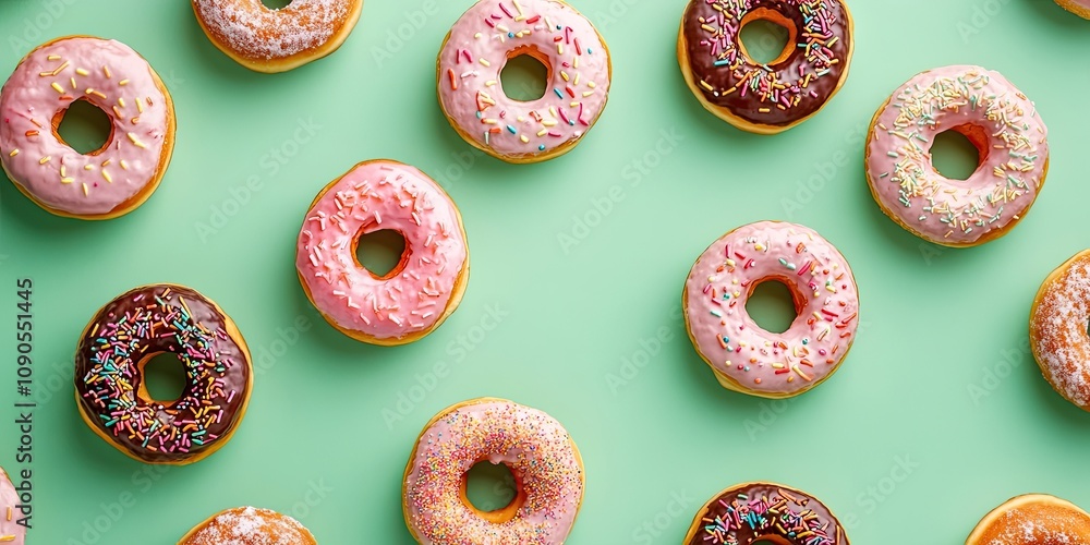 Poster isolated donuts are displayed on a green backdrop, showcasing the delightful and colorful appearance