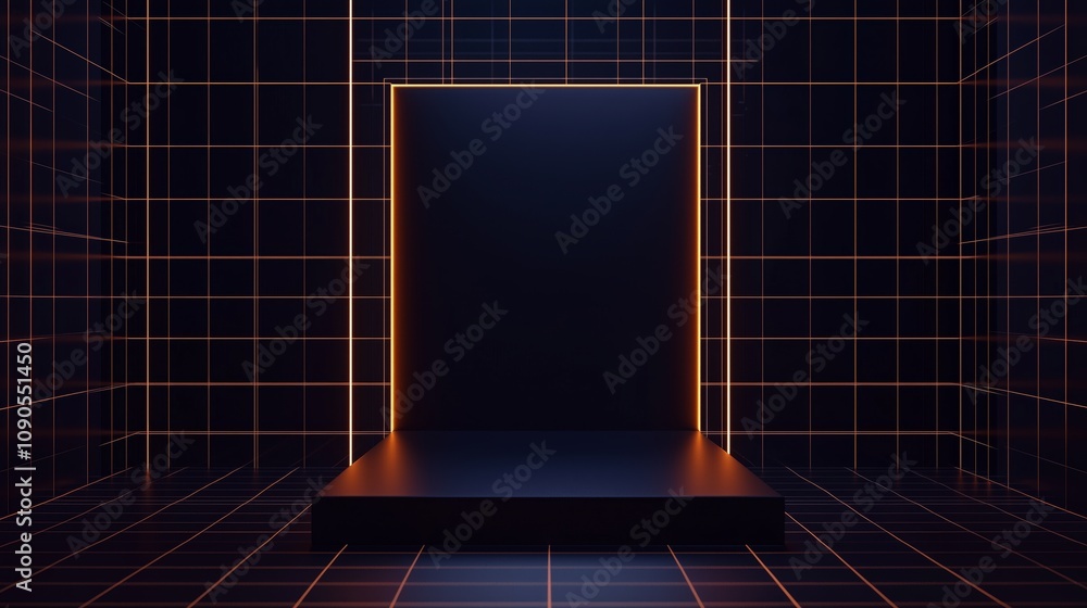 Poster elegant 3d podium in an empty space framed with neon grid lines, perfect for modern presentations an