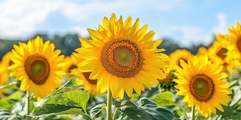 Obraz premium Vibrant sunflower blooms in a stunning sunflower field create a breathtaking scene, showcasing the beauty and charm of sunflowers in their natural habitat. Sunflower fields inspire joy and