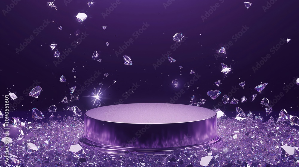 Poster elegant 3d podium in an empty space surrounded by sparkling gems and shimmering light effects for a 
