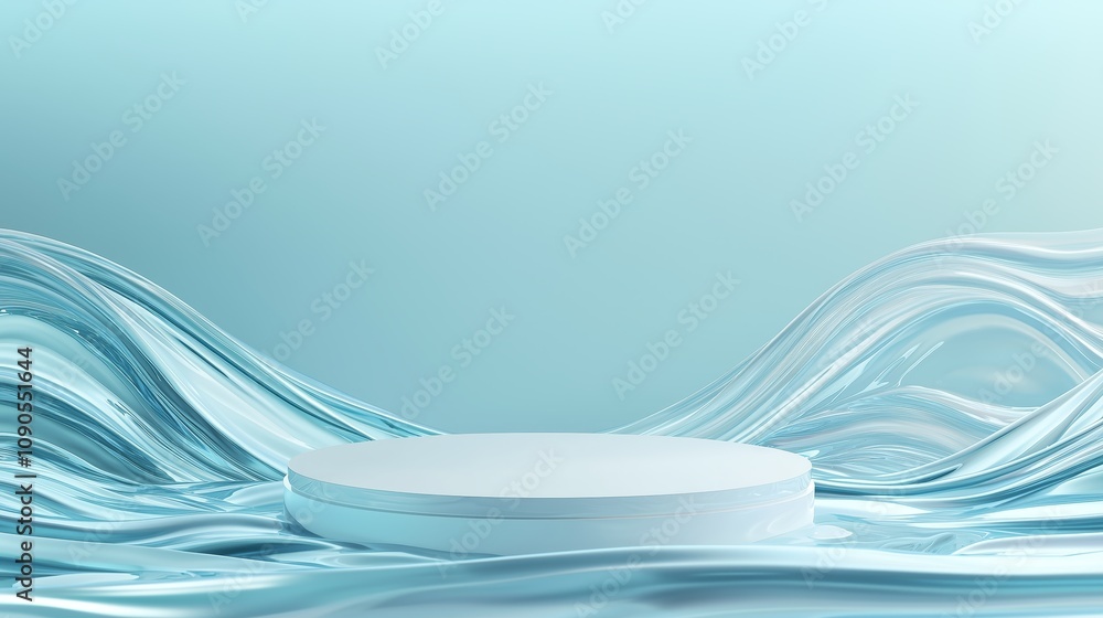 Poster sleek and modern 3d podium surrounded by fluid waves in a large empty area perfect for product displ