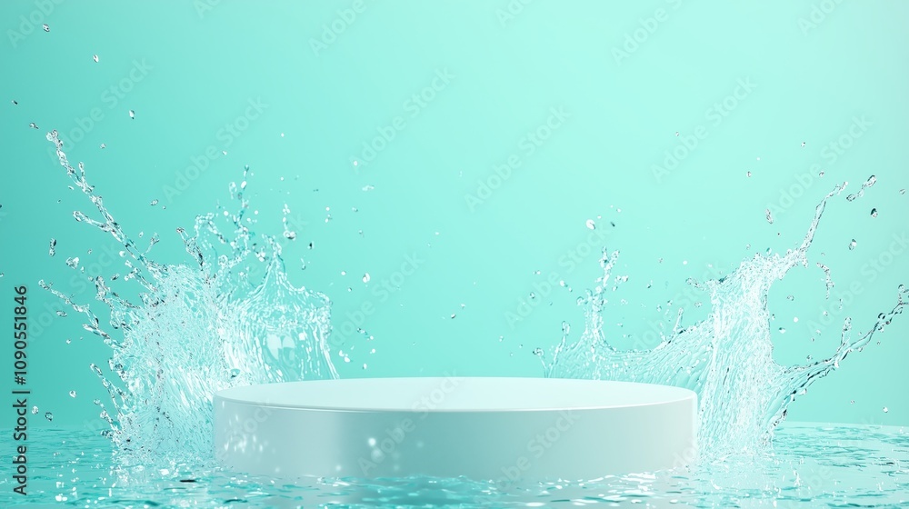 Poster stylish 3d podium surrounded by empty space and water splash, ideal for product display or showcase 