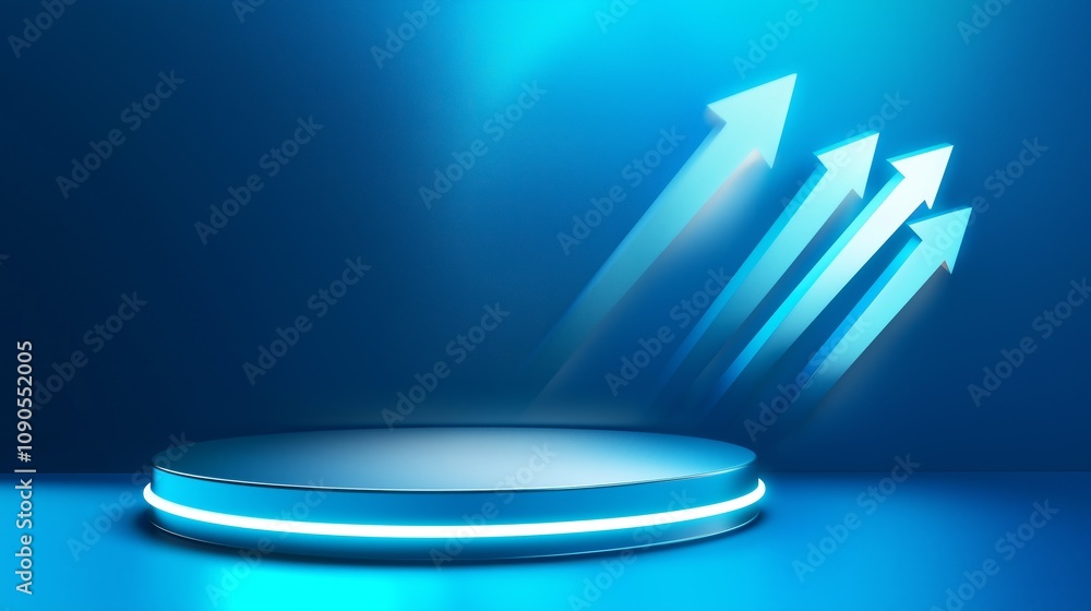 Poster sleek 3d podium with ample empty space framed by dynamic arrows and blue lighting for presentations 