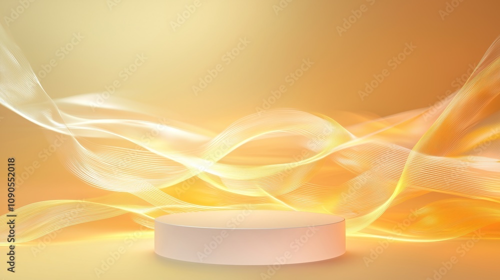 Poster sleek 3d podium in a large empty area surrounded by soft flowing waves of light, perfect for showcas