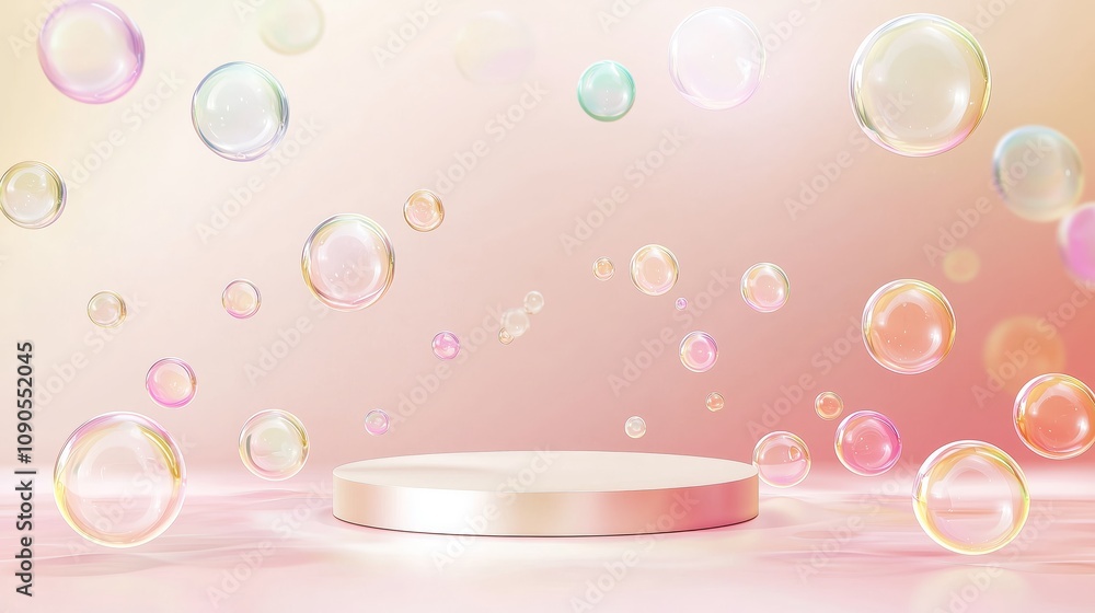 Aufkleber sleek 3d podium surrounded by ample empty space and colorful bubbles for display, presentation, or c