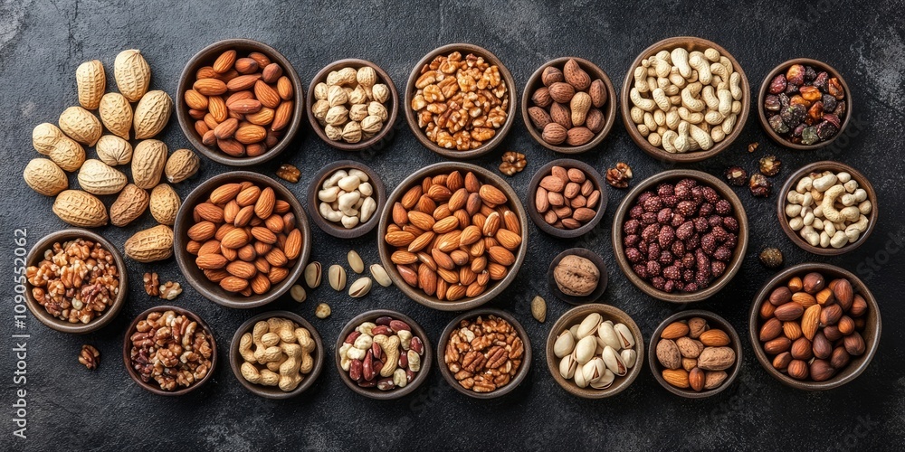 Poster an extensive selection of nuts arranged in various bowls on a textured stone table, showcasing the d