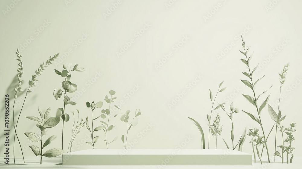 Poster minimalist 3d podium display with spacious background and framed floral illustrations creating a cal