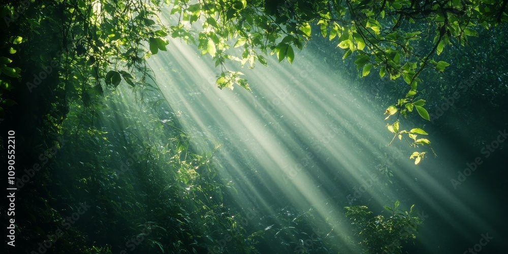 Poster beam of light filtering through the lush green forest, creating a mesmerizing scene as the vibrant g