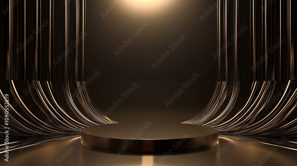 Poster sleek 3d podium with ample empty space surrounded by elegant curved structures, perfect for showcasi
