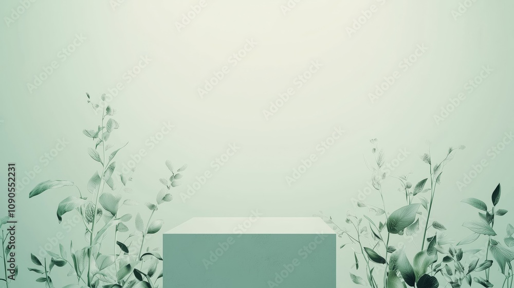 Poster minimalist 3d podium surrounded by greenery in a spacious framed setting, ideal for displaying produ