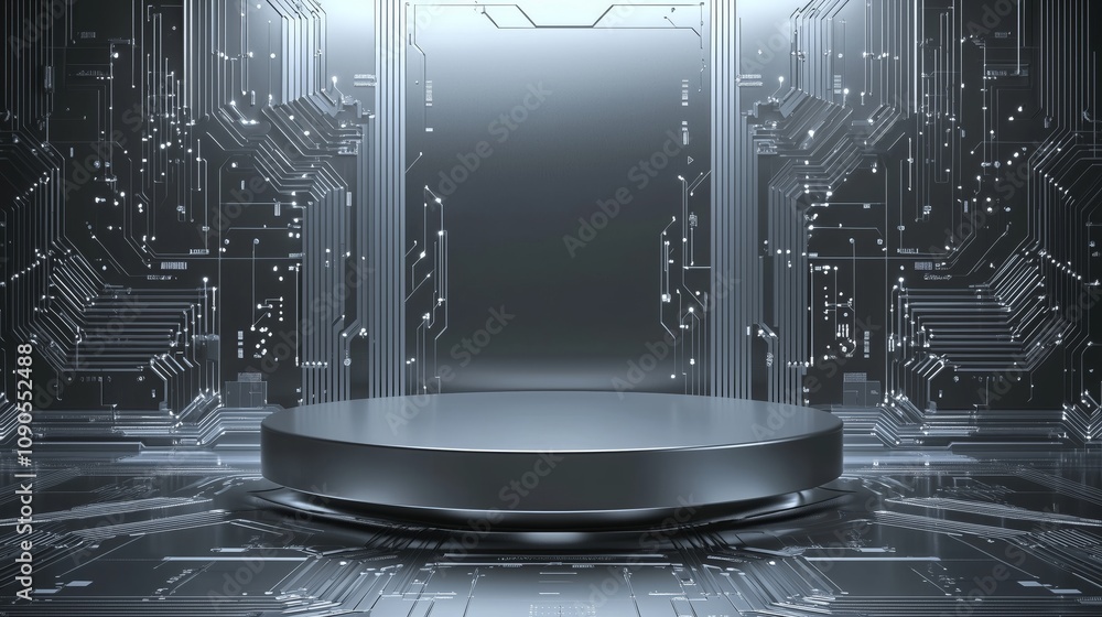 Poster Modern 3D Podium in an Ample Empty Space Surrounded by Futuristic Circuit Board Design for Product Display or Presentation Needs