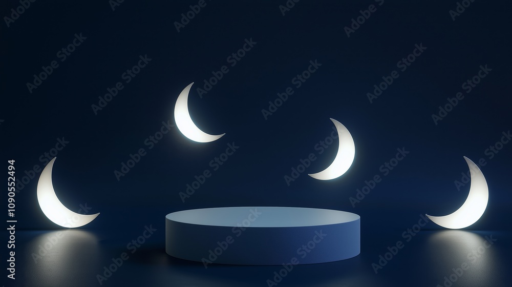 Poster modern 3d podium surrounded by ample empty space featuring artistic crescent moon designs in a minim