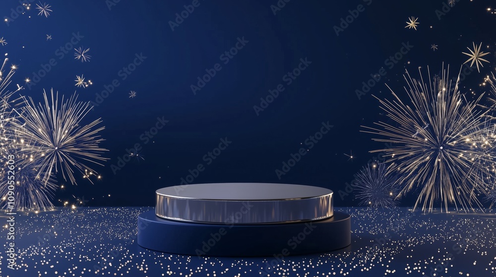 Poster elegant 3d podium in an empty space surrounded by sparkling fireworks and a starry background, ideal