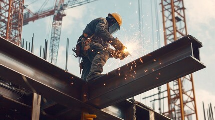 An ironworker welding steel beams at a skyscraper construction site, with sparks flying against a backdrop of cranes and scaffolding, Steel erection scene