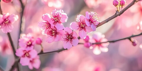 Obraz premium Blossoming pink cherry trees greet the arrival of early spring, showcasing vibrant pink cherry blossoms that bring life and beauty to the landscape in this seasonal display.
