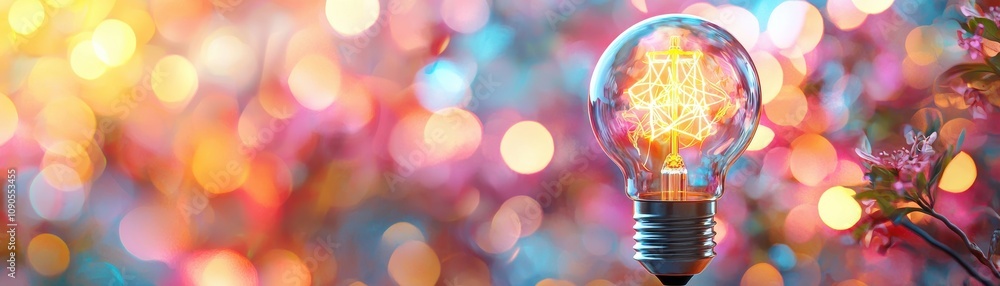 Poster a glowing light bulb surrounded by vibrant bokeh lights, creating a colorful and energetic atmospher