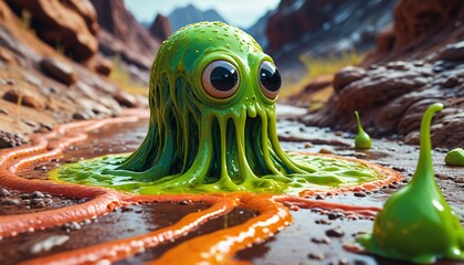 A surreal, gooey entity with eyes dripping slime, slithering and leaving sticky trails on a bizarre, warped landscape, Generative AI