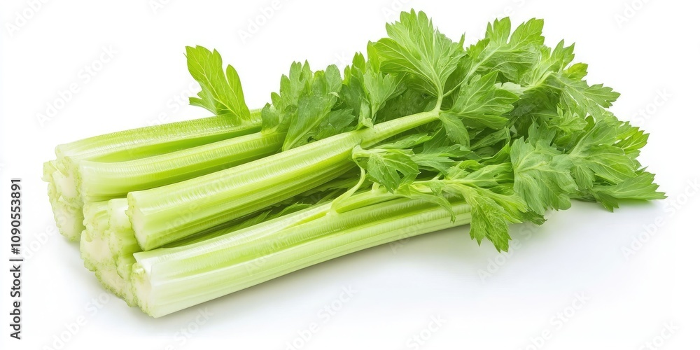Poster fresh celery displayed in isolation against a clean white background, highlighting the vibrant color