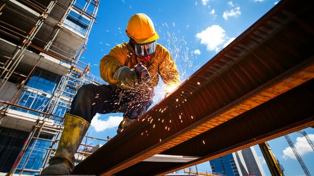 An ironworker welding structural steel beams at a high-rise construction site, with welding sparks and city skyline visible, High-rise steel welding scene