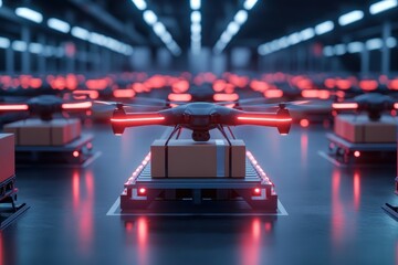 Automated drone swarm efficiently loading cargo in a modern industrial corporate setting.