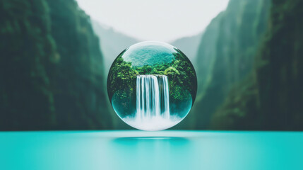 Fototapeta premium serene waterfall encapsulated in floating glass sphere amidst lush valley. tranquil scene evokes sense of wonder and harmony with nature