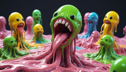 A bizarre, slime-dripping entity with multiple mouths leaking goo, twisting its body in surreal shapes, Generative AI