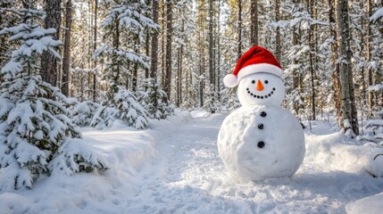 Obraz premium Snowman in Santa Hat Amid Snowy Forest