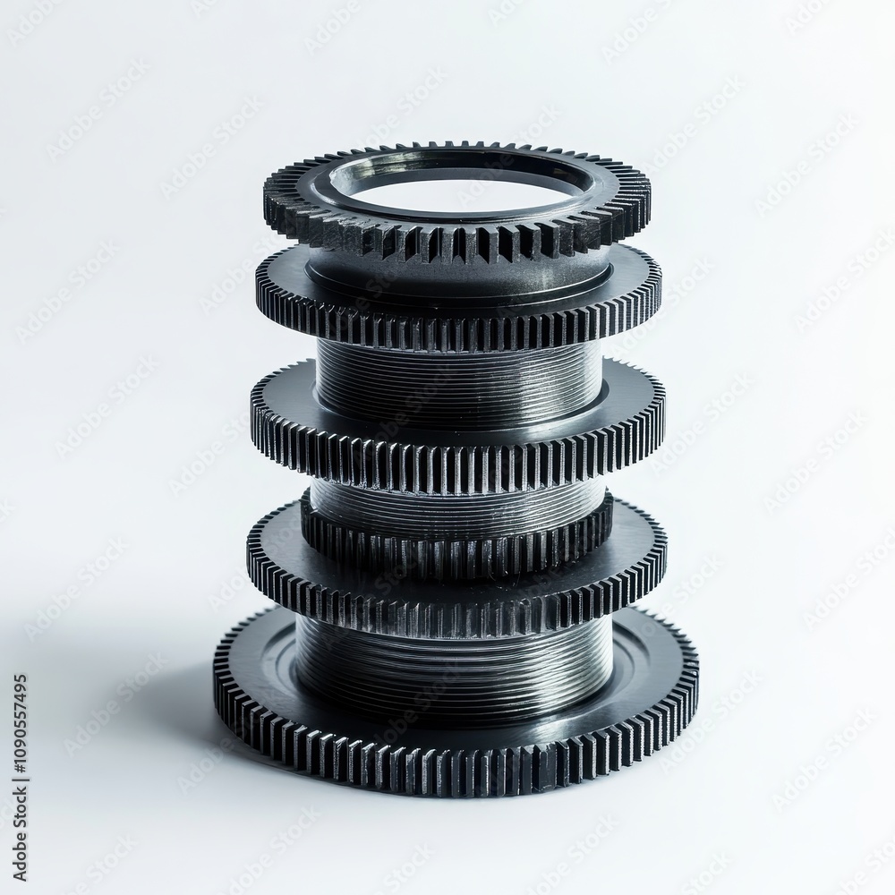 Poster a stack of black gears showcasing mechanical design and engineering.