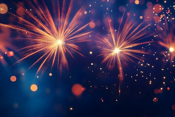 Fototapeta premium Celebratory colorful fireworks bursting in a night sky over a dark blue backdrop festive background