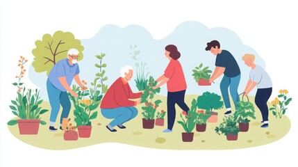 Obraz premium elderly and young people collaborating on a community garden, nurturing plants together