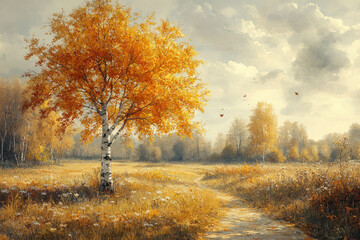 Fototapeta premium An autumn landscape with a birch tree in the center, covered in bright yellow foliage. 