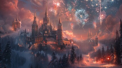Fototapeta premium Enchanted castle amidst fireworks in a snowy landscape.